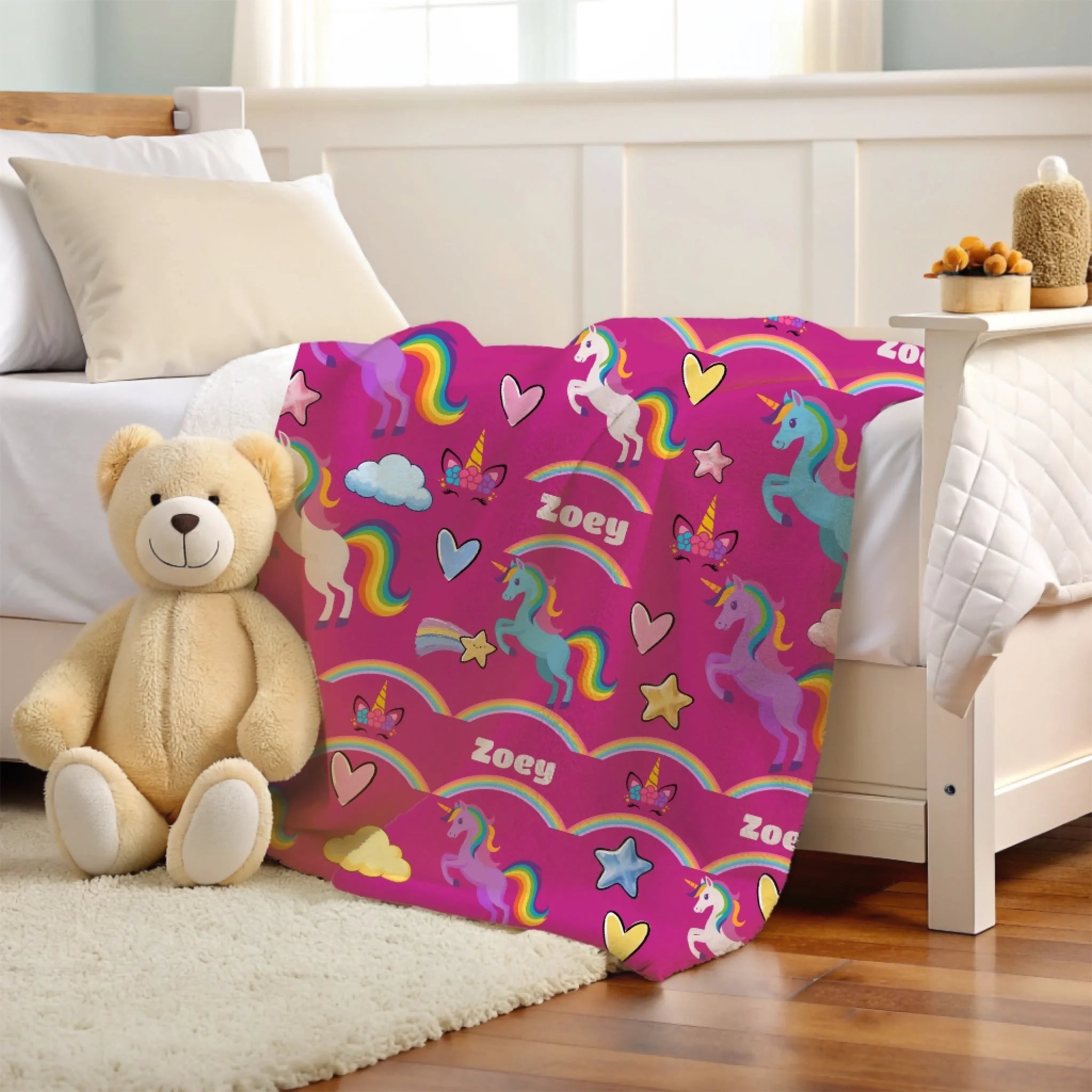 Rainbow unicorn personalized blanket in bed Pink