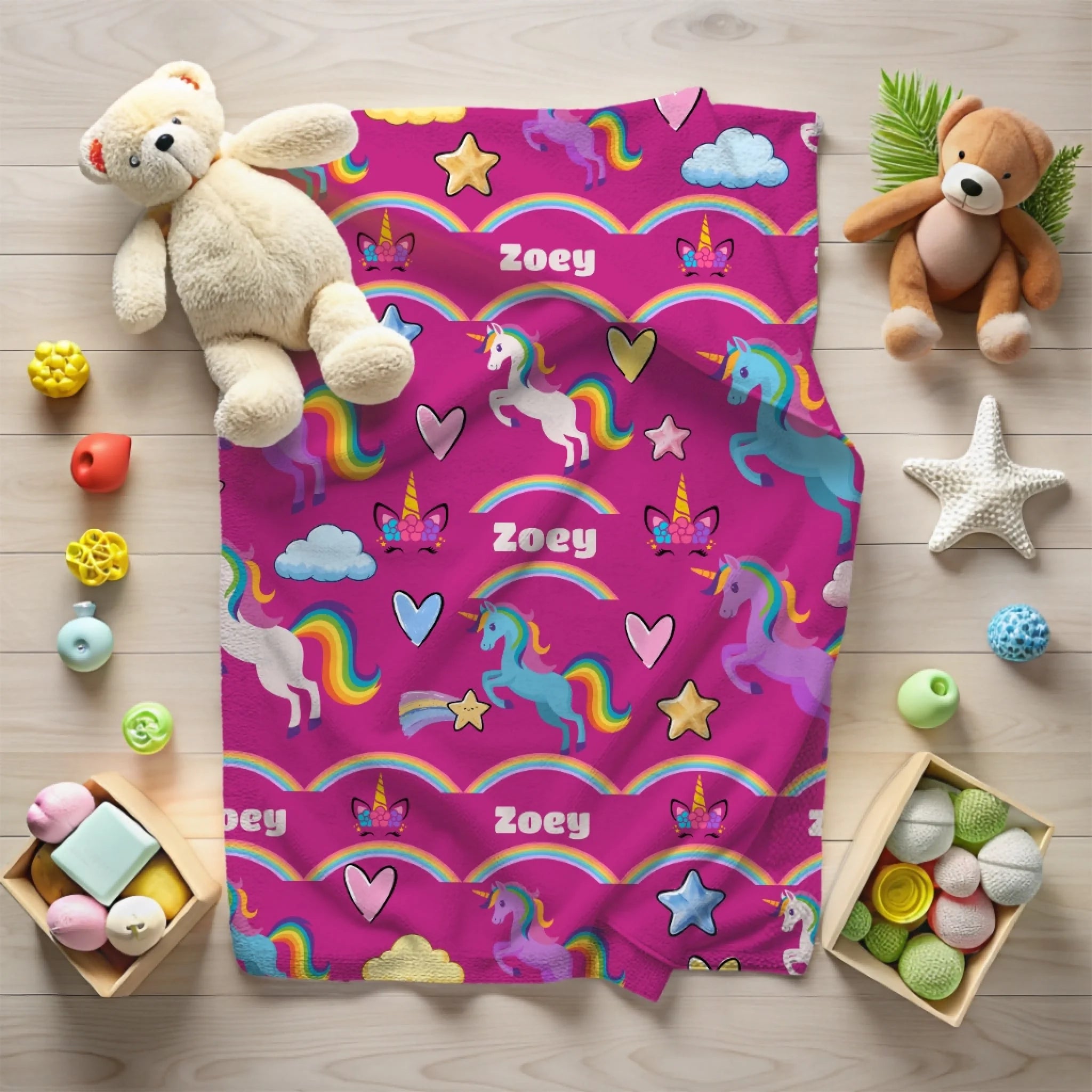 Rainbow unicorn personalized blanket Pink