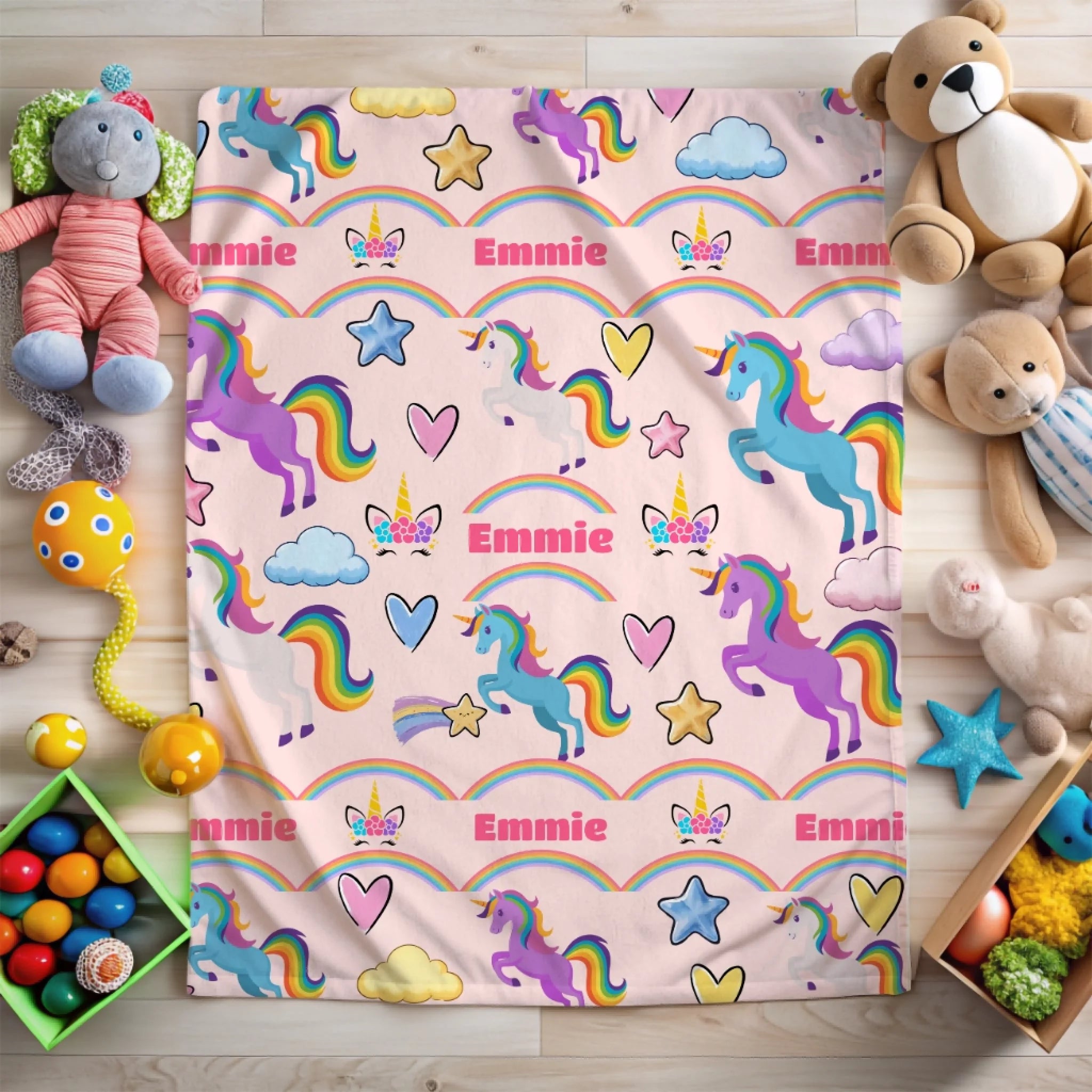 Rainbow unicorn personalized blanket Misty Rose