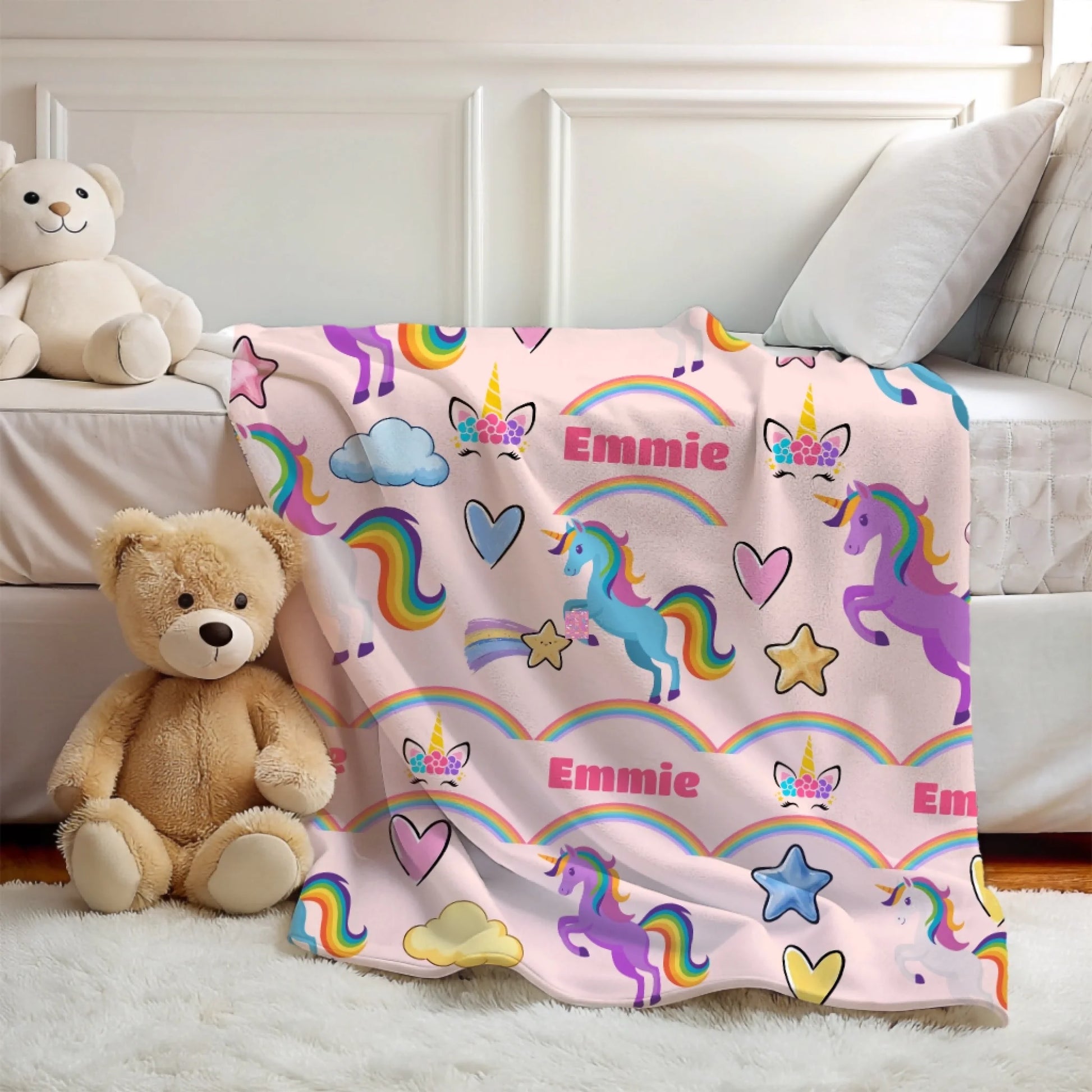 Rainbow unicorn personalized blanket Misty Rose color velveteen