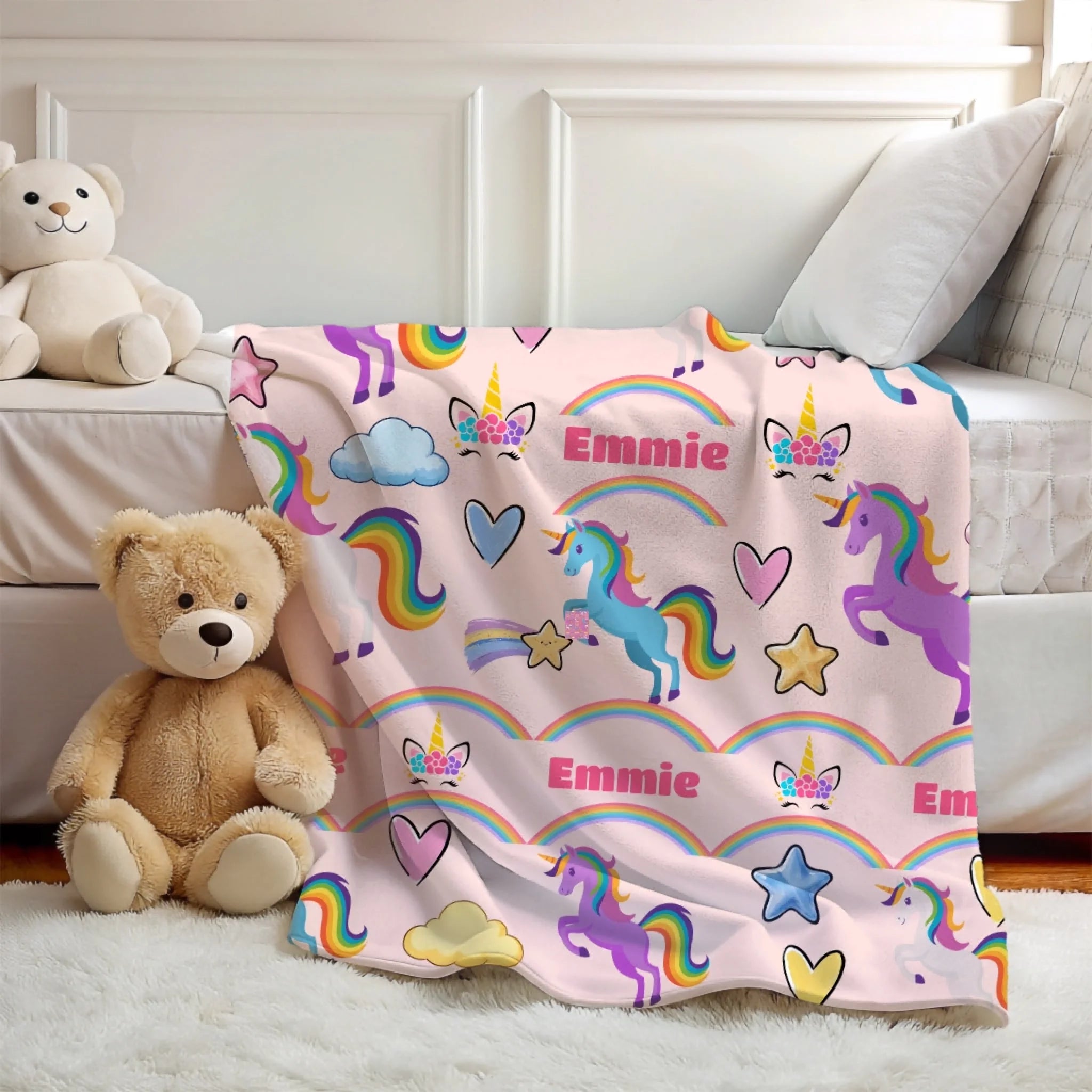 Rainbow unicorn personalized blanket Misty Rose color velveteen
