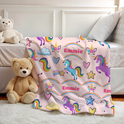 Rainbow unicorn personalized blanket Misty Rose color velveteen