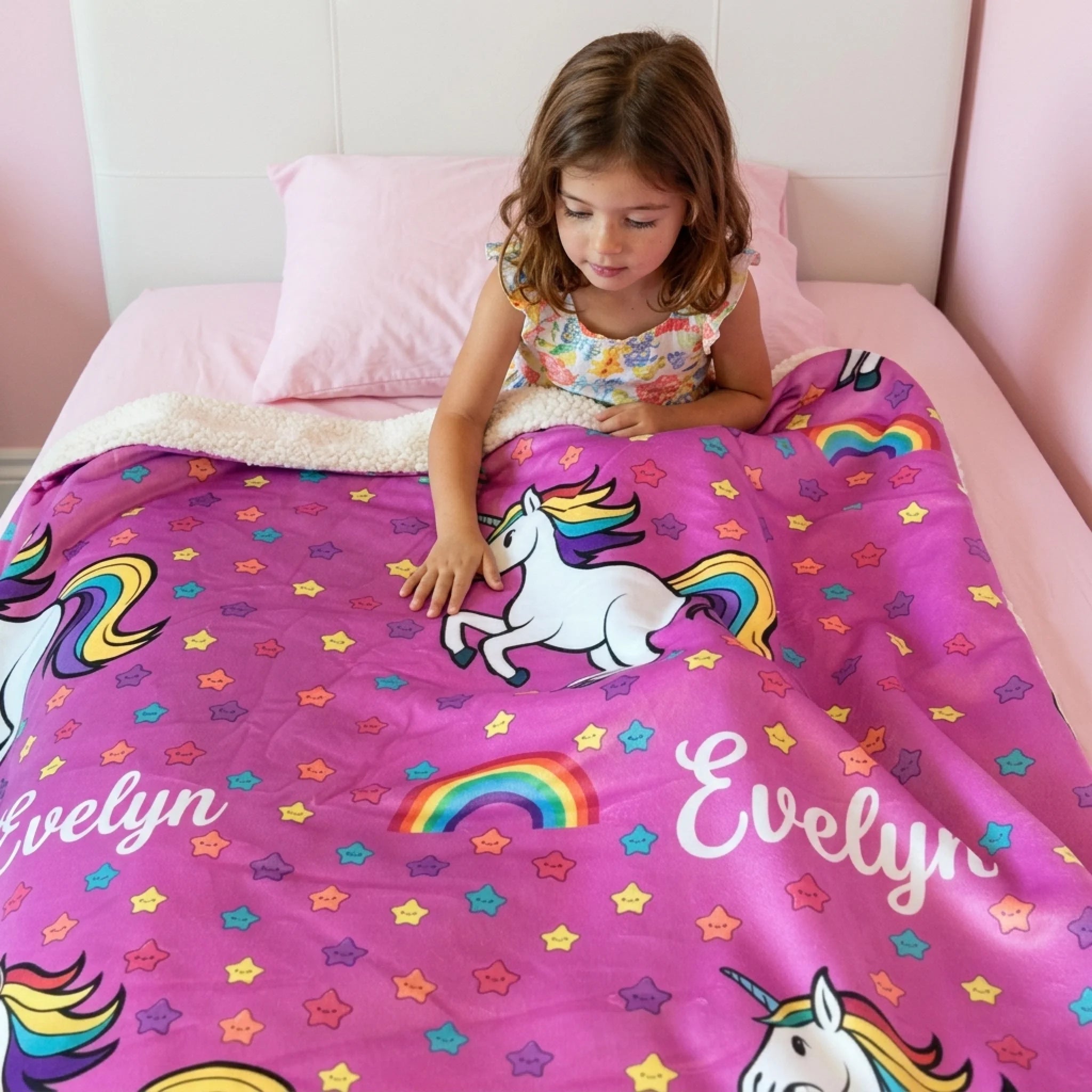 Evelyn touching blanket
