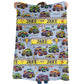A person holding a steel blue color Kids Personalized Monster truck blanket 